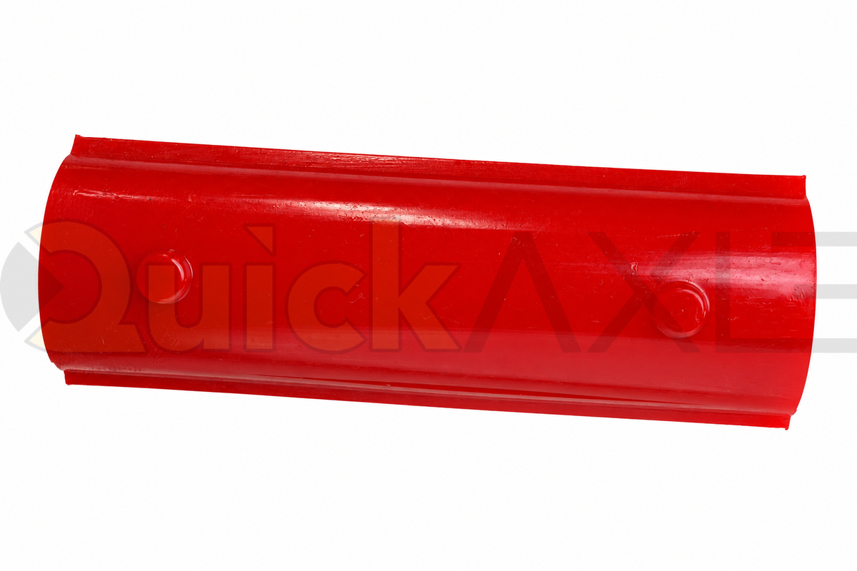 Red split suspension bushing showing its hollow center and longitudinal seam.