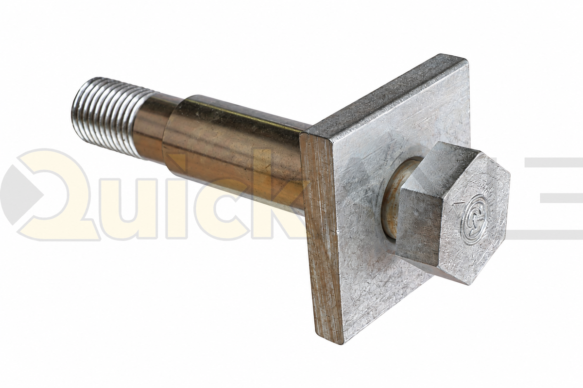 Eccentric bolt assembly viewed at an angle, showing the threaded end and square clamping plate.