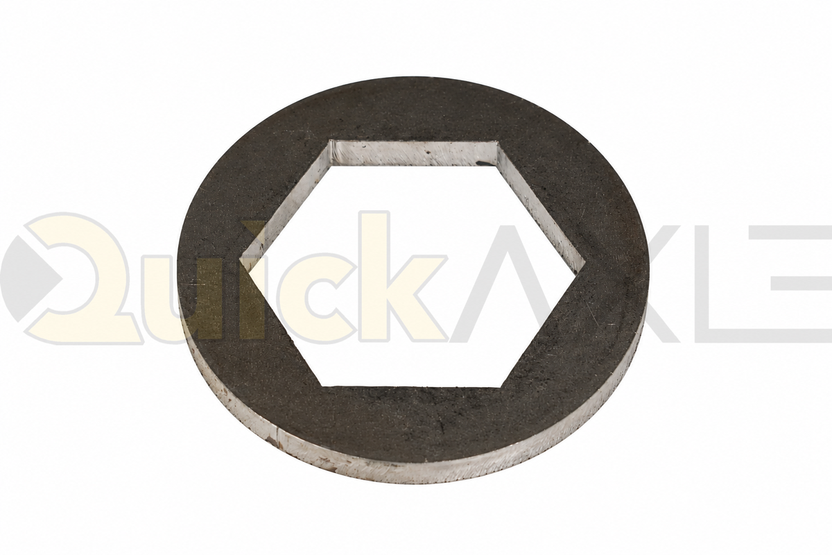 Flat circular washer with a hexagonal central opening.