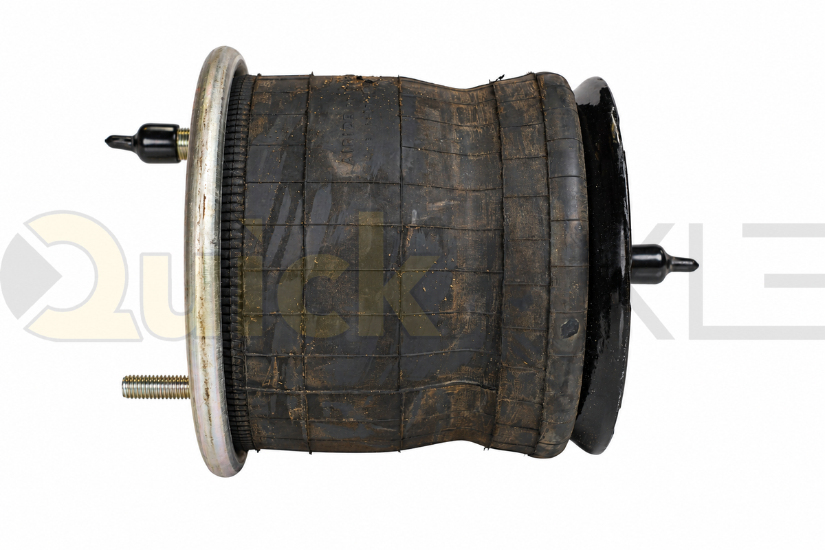 Air spring viewed at an angle, showing the flexible body, end plates, and mounting points.