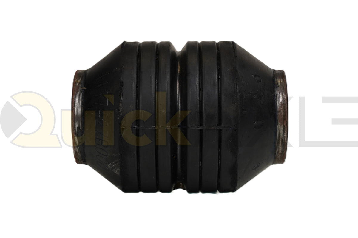 Ribbed suspension bushing with a central sleeve, angled view.