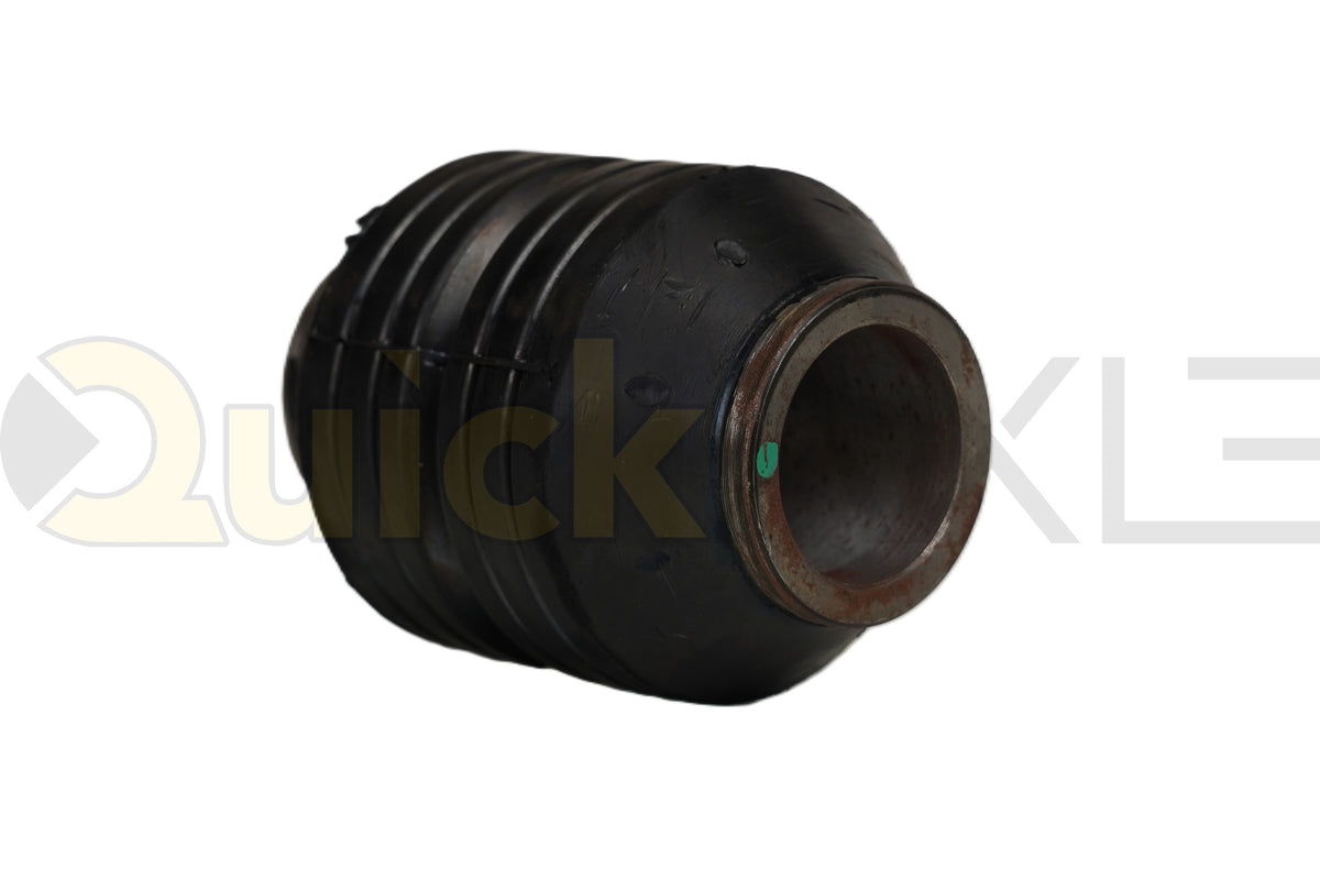 Ribbed suspension bushing with a central sleeve, angled view.