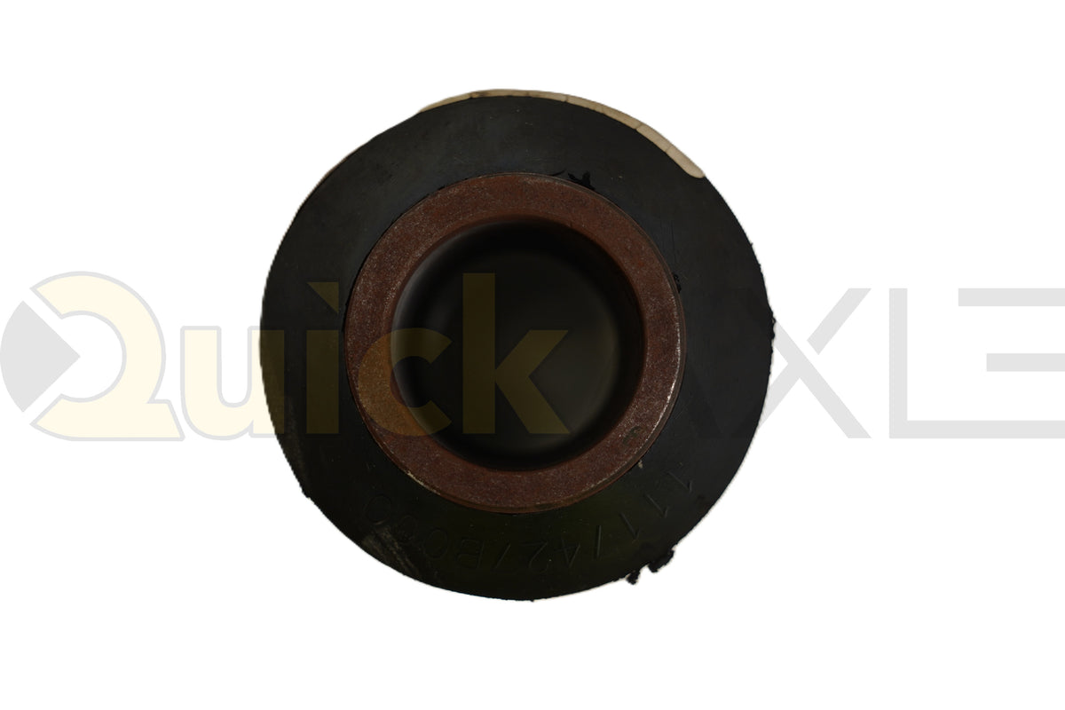 Ribbed suspension bushing with a central sleeve, angled view.