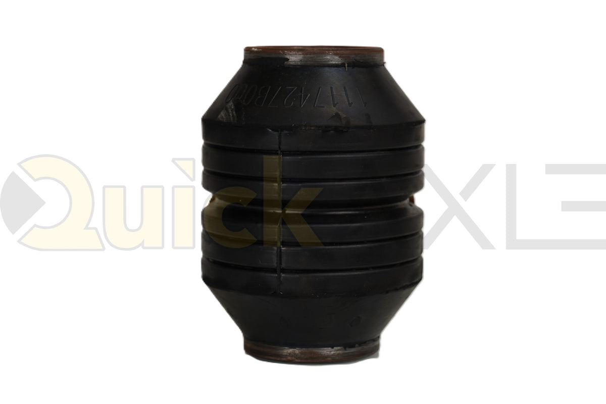 Ribbed suspension bushing with a central sleeve, angled view.
