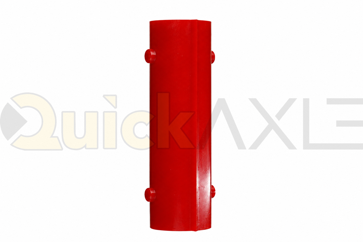 Red split suspension bushing showing its hollow center and longitudinal seam.
