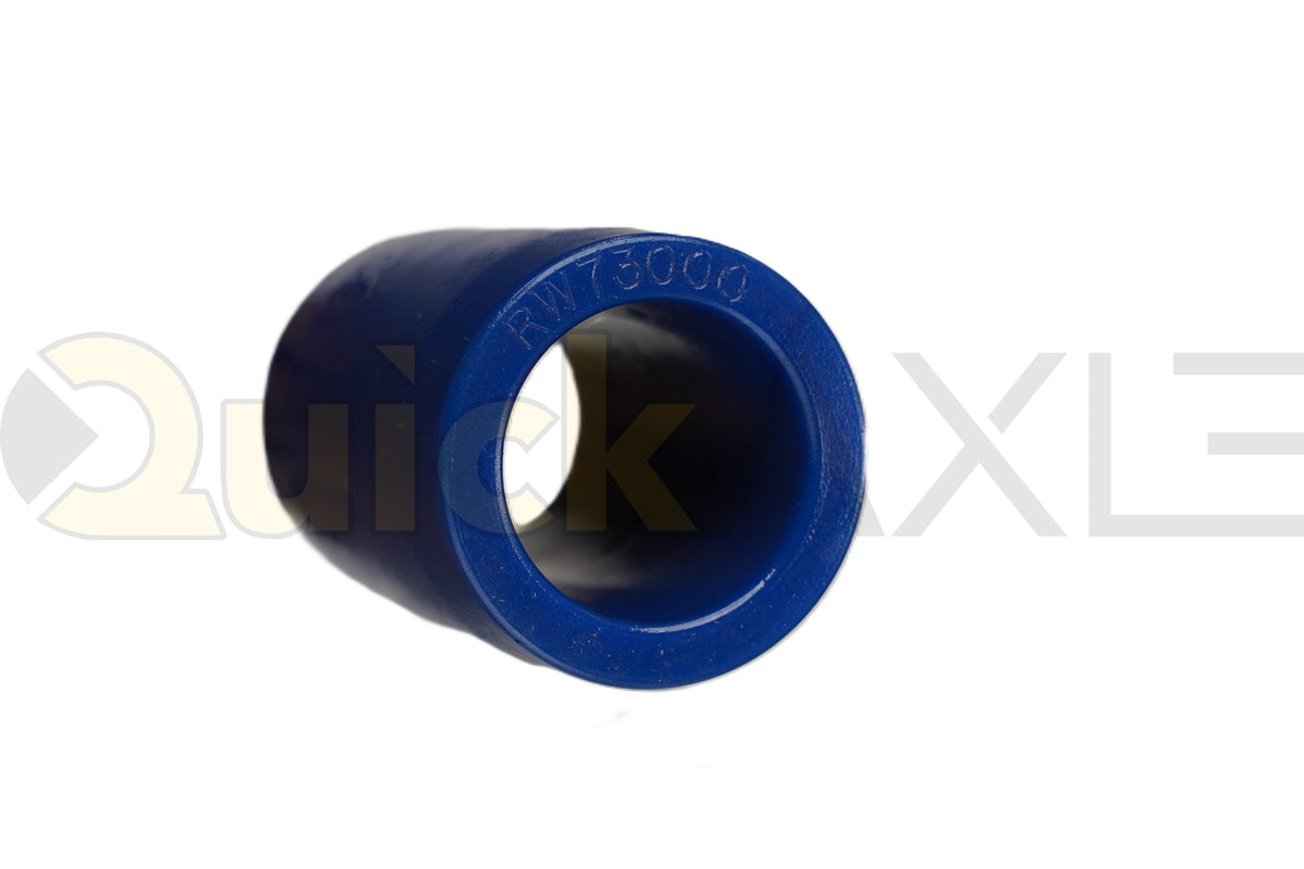 Blue cylindrical suspension bushing showing its hollow center.