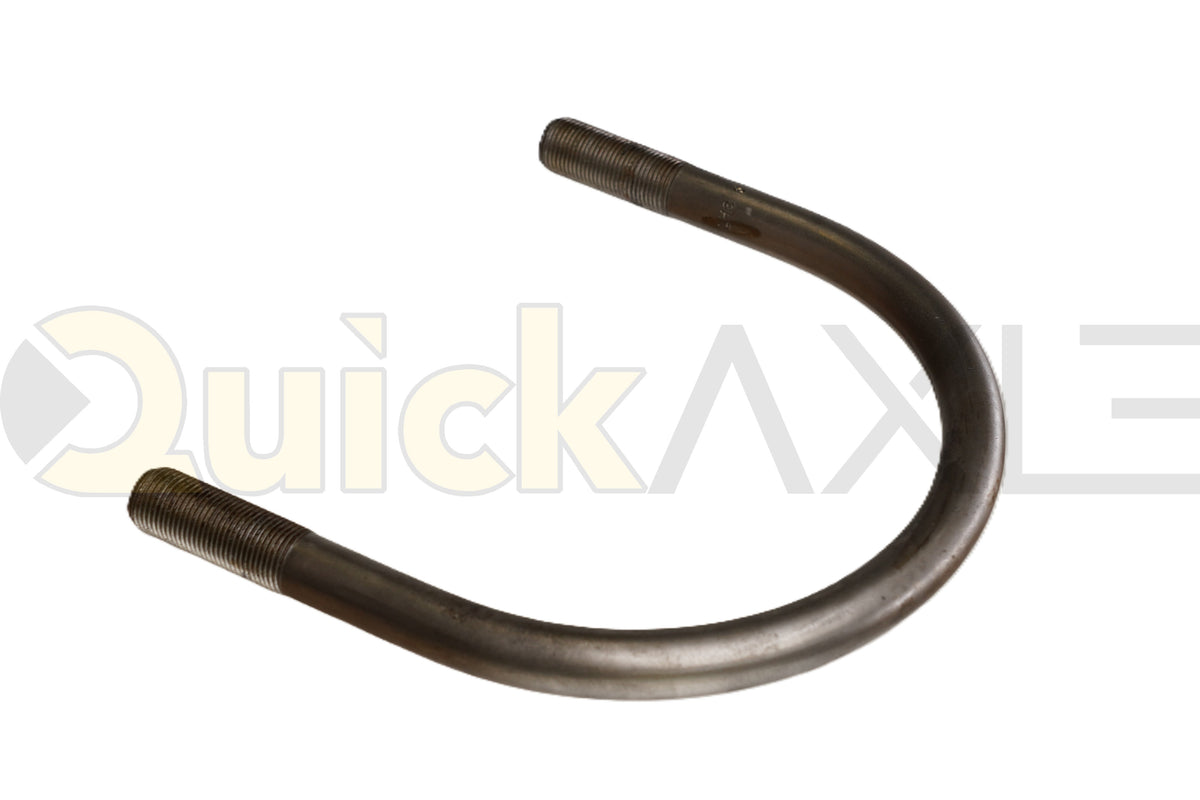 U-bolt viewed at an angle, showing the curved top and threaded ends.