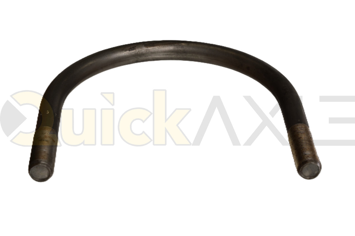 U-bolt viewed at an angle, showing the curved top and threaded ends.