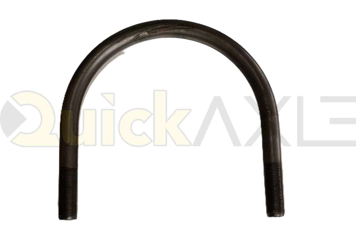U-bolt viewed at an angle, showing the curved top and threaded ends.
