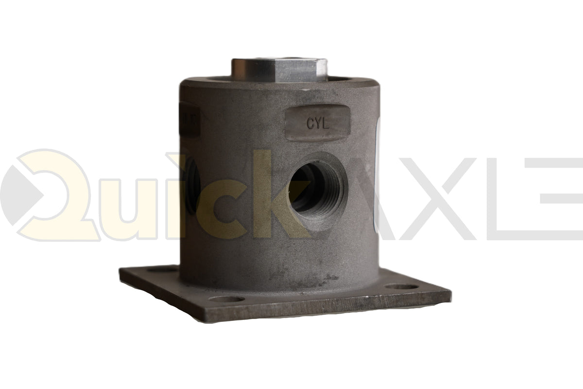Air-pilot valve with a cylindrical body, mounting flange, and port openings.