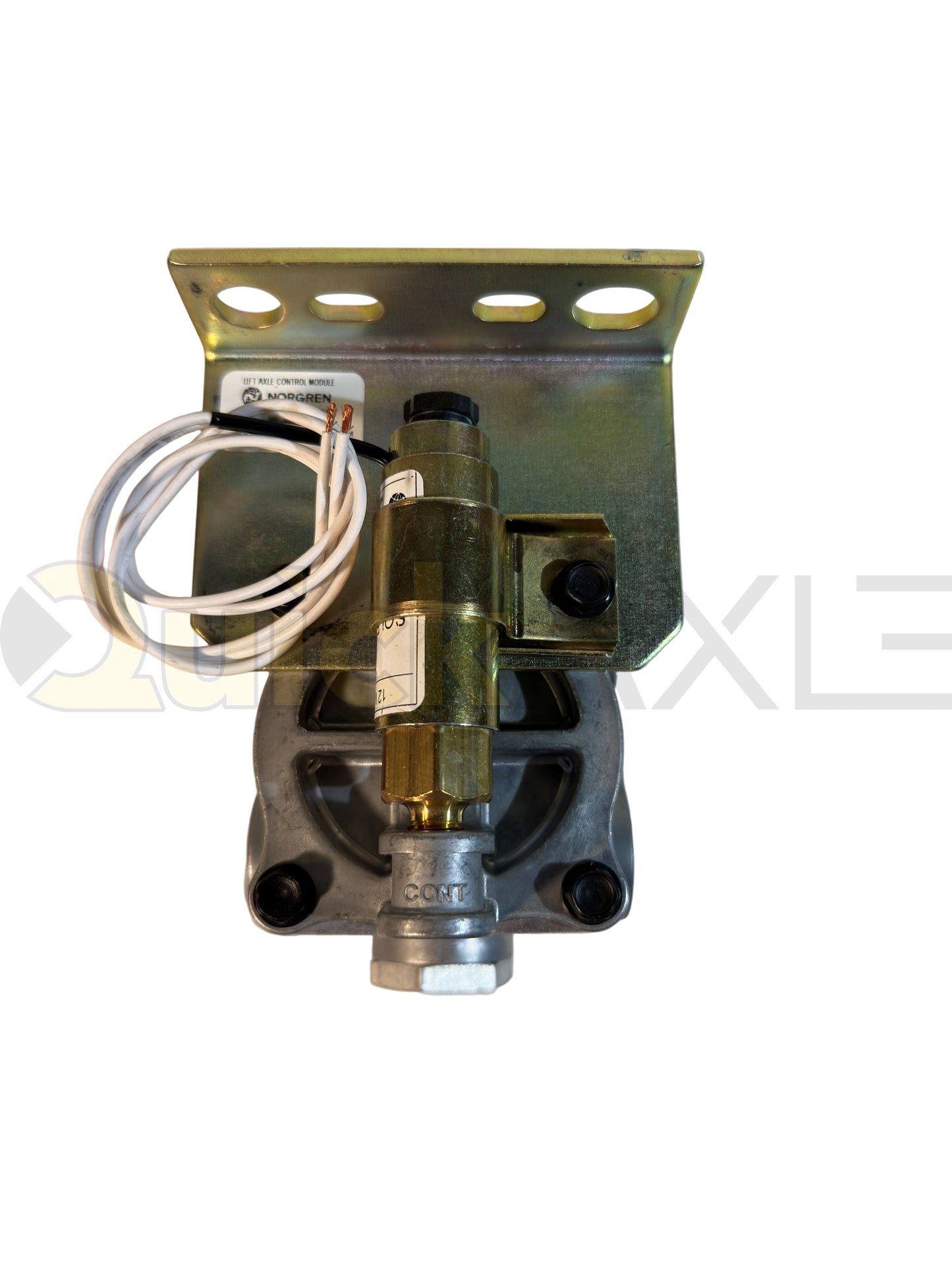 Lift Axle Control Module (LACM), N/C solenoid with flying leads, check valve & A-side gauge; ports: (2) 1/2-14 NPTF, (2) 3/8-18 NPTF, 1/8-27 NPTF gauge - 1230195