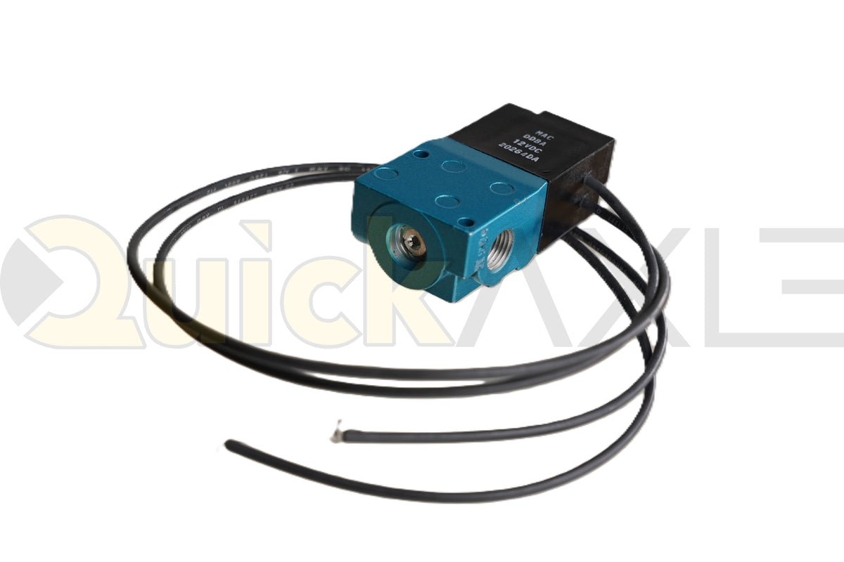 Solenoid air valve with a blue body, black coil, and attached electrical leads.