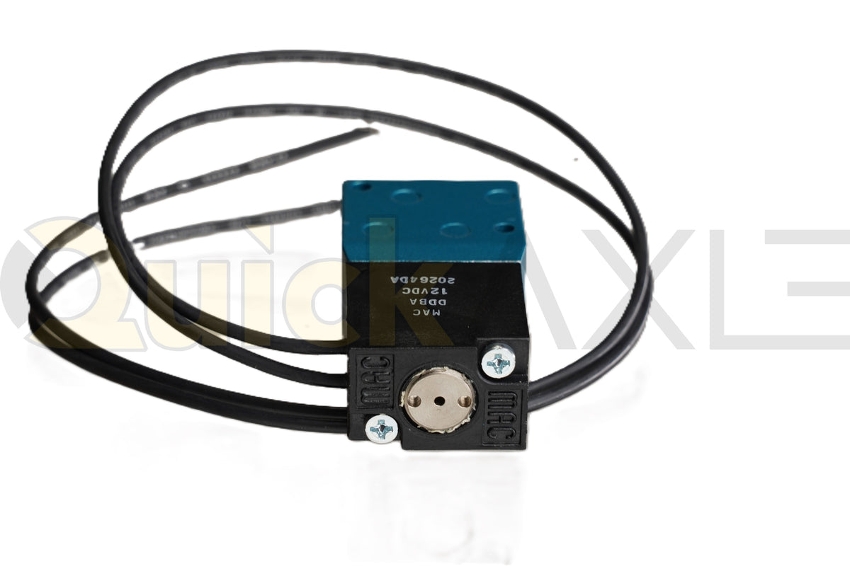 Solenoid air valve with a blue body, black coil, and attached electrical leads.