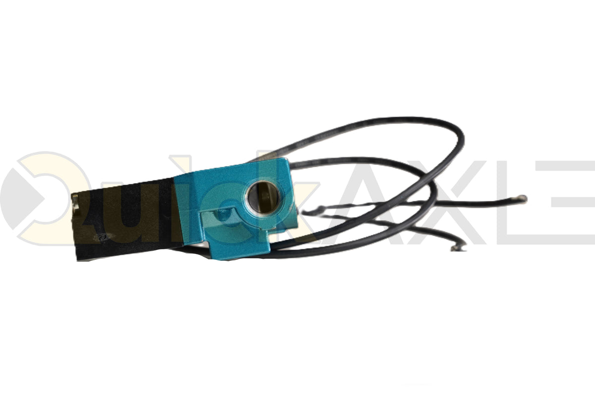 Solenoid air valve with a blue body, black coil, and attached electrical leads.