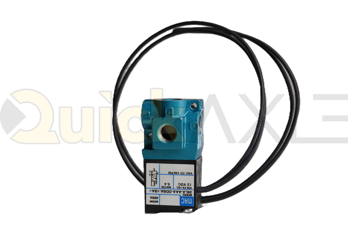 Solenoid air valve with a blue body, black coil, and attached electrical leads.