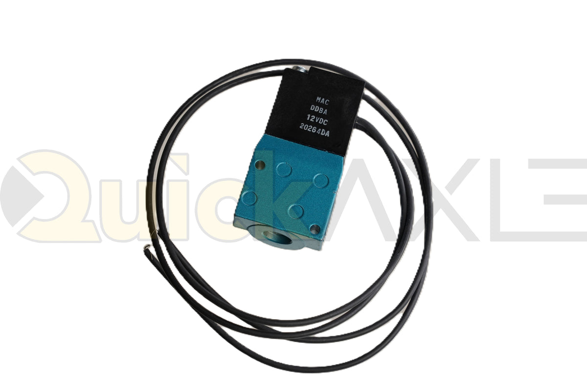 Solenoid air valve with a blue body, black coil, and attached electrical leads.