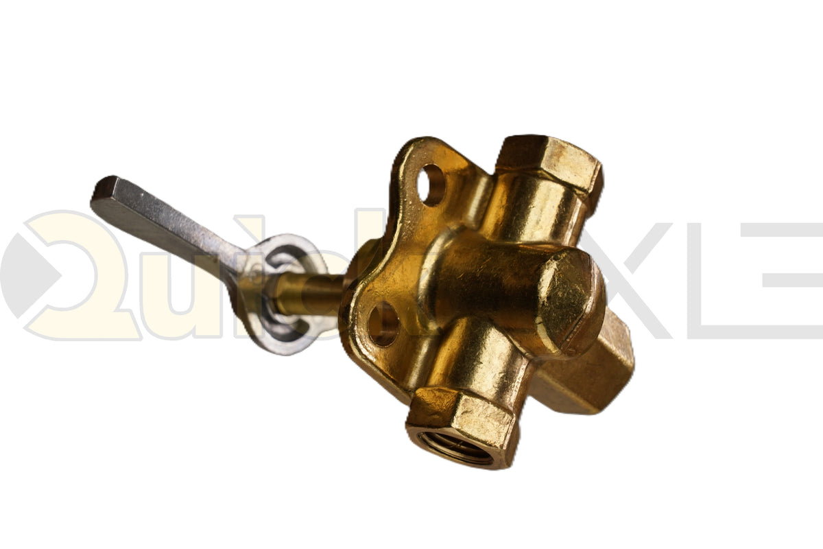 Manual rotary air valve with a lever handle and threaded ports, angled view.