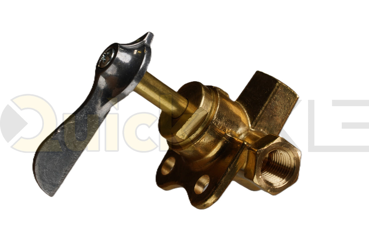 Manual rotary air valve with a lever handle and threaded ports, angled view.