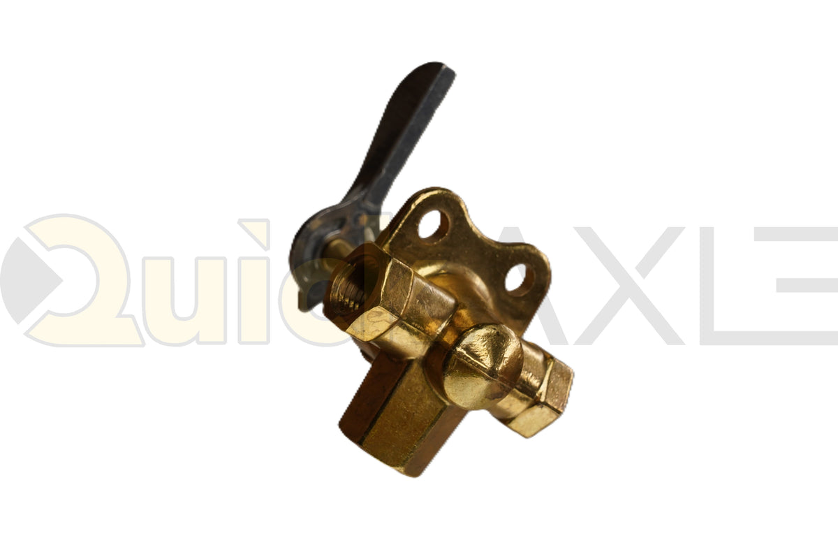 Manual rotary air valve with a lever handle and threaded ports, angled view.