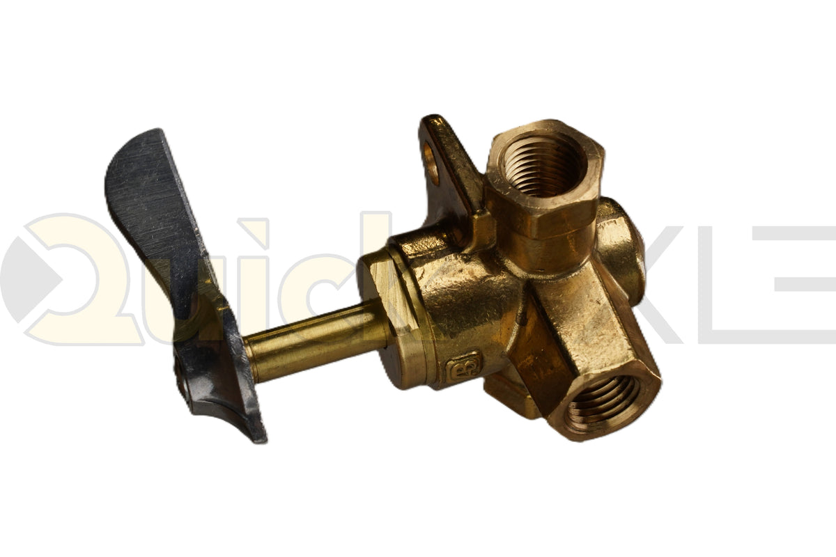 Manual rotary air valve with a lever handle and threaded ports, angled view.