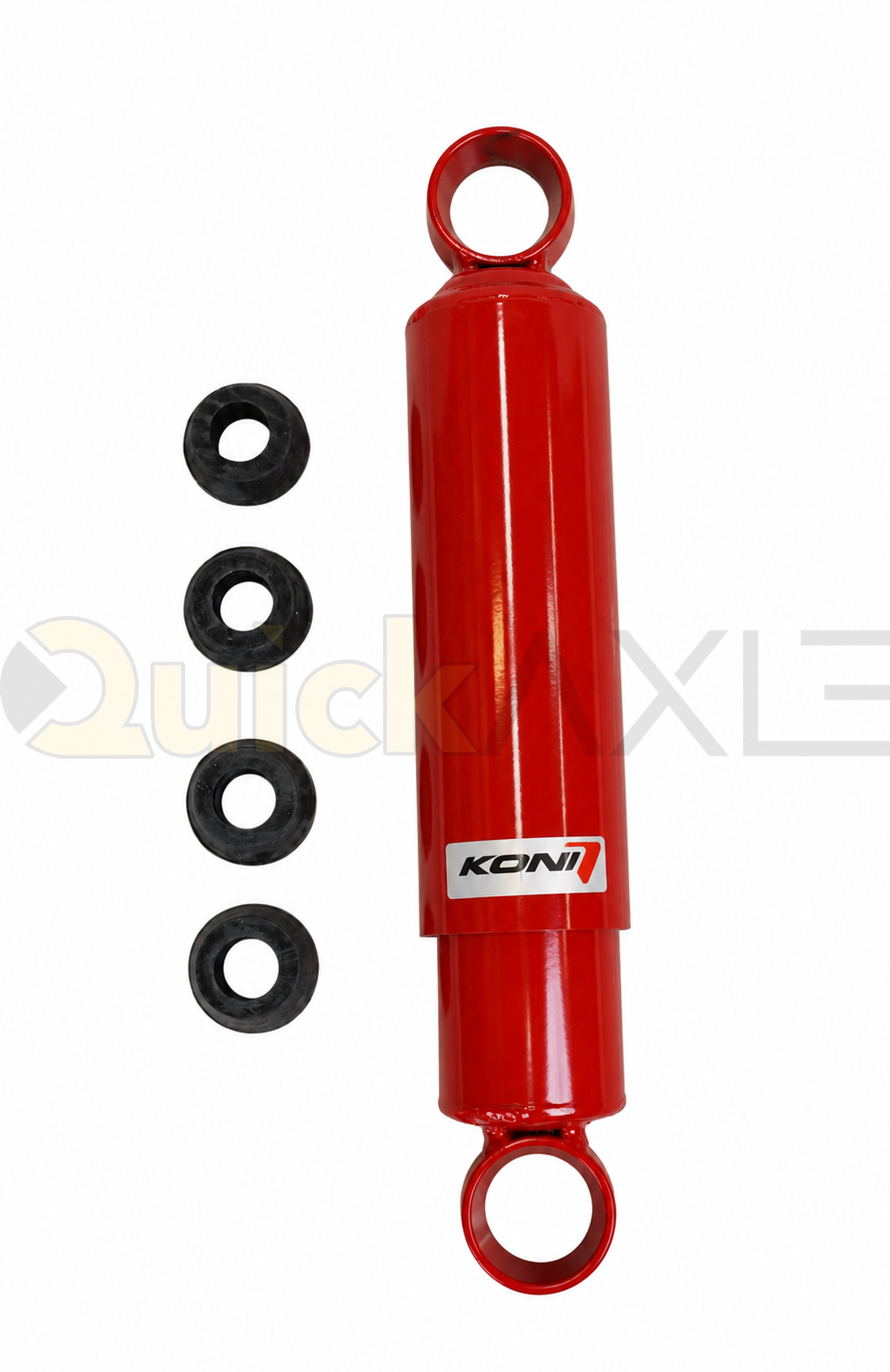 Red KONI shock absorber arranged beside black mounting bushings.