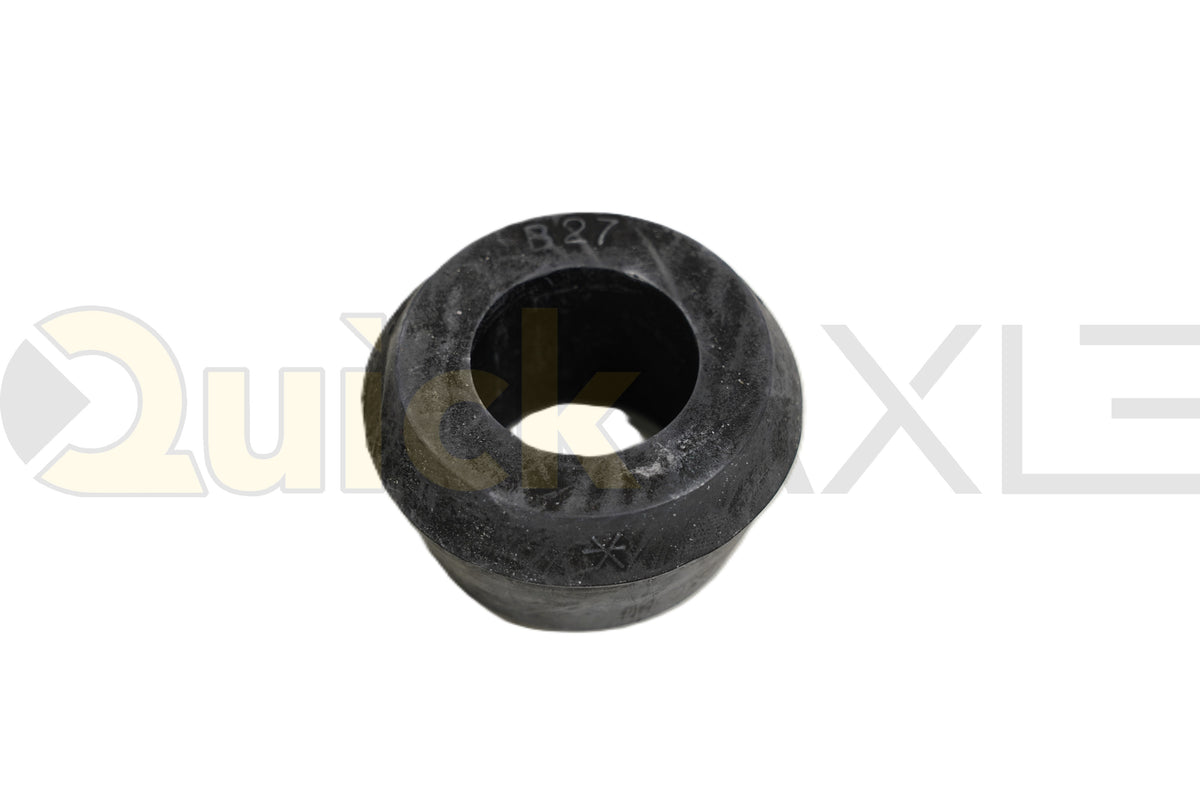 Black shock-absorber bushing with a central opening, angled view.