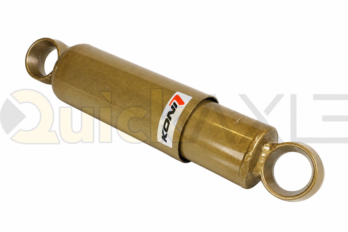 KONI shock absorber with mounting eyes at both ends, angled view.