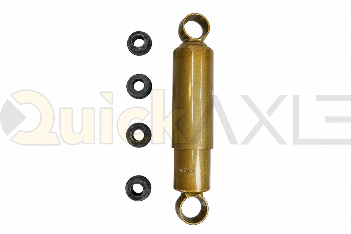 KONI shock absorber arranged beside black mounting bushings.