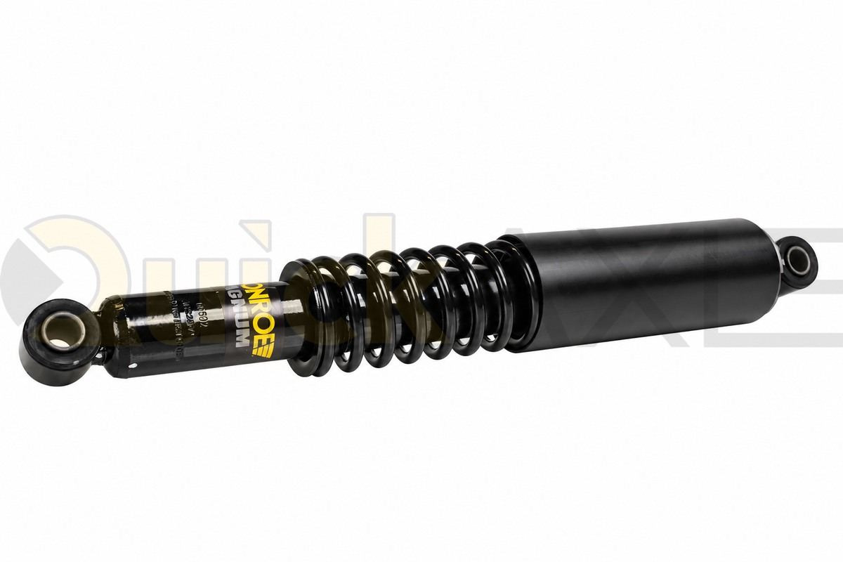 Damper assembly with a coil spring around the rod and mounting eyes at both ends.