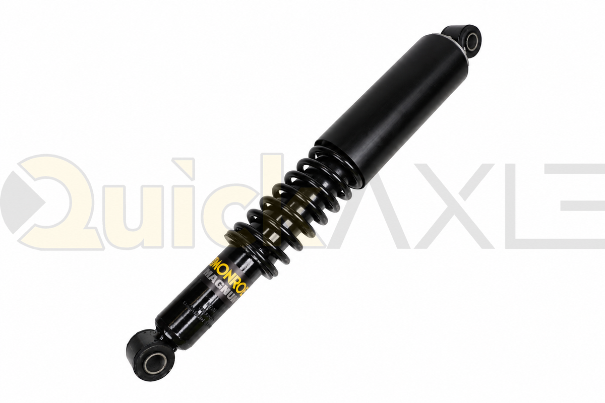 Damper assembly with a coil spring around the rod and mounting eyes at both ends.