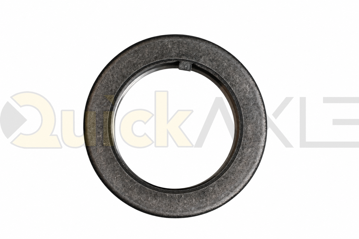 Flat circular retaining washer with a small notch at the inner opening.
