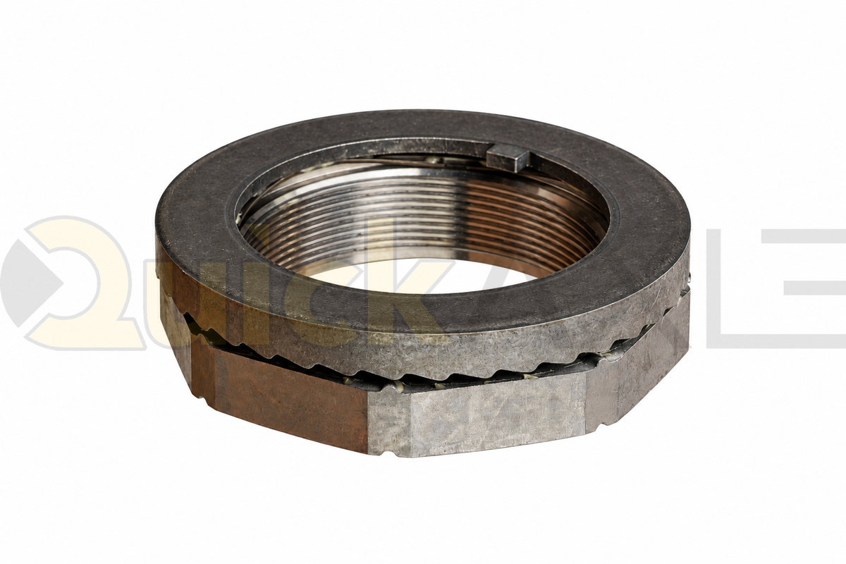 Side view of a threaded retaining nut, showing its stepped outer edge.