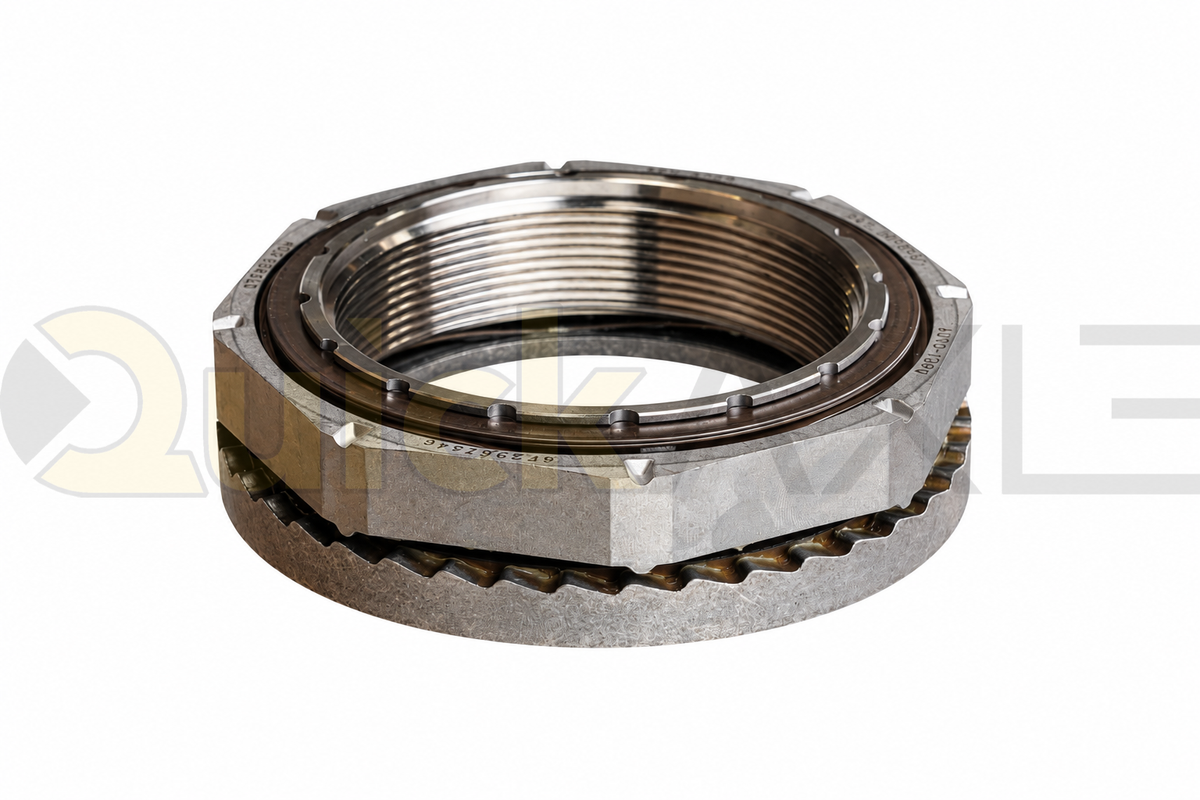Threaded retaining nut with a notched outer edge, angled view.