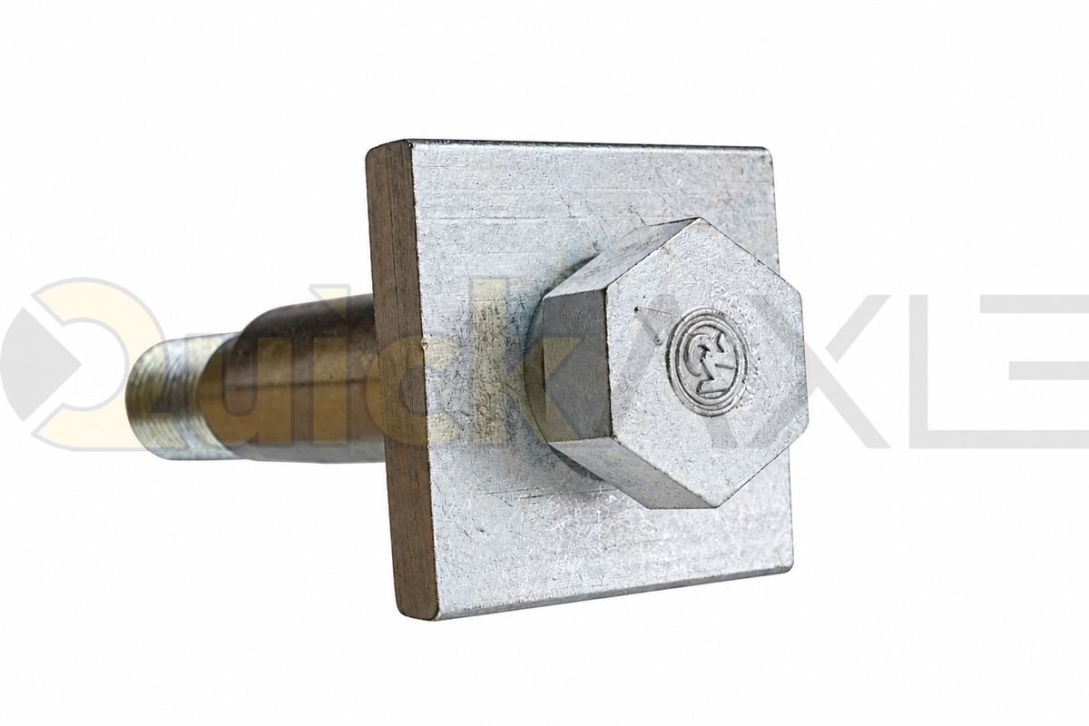 Eccentric bolt assembly viewed at an angle, showing the threaded end and square clamping plate.