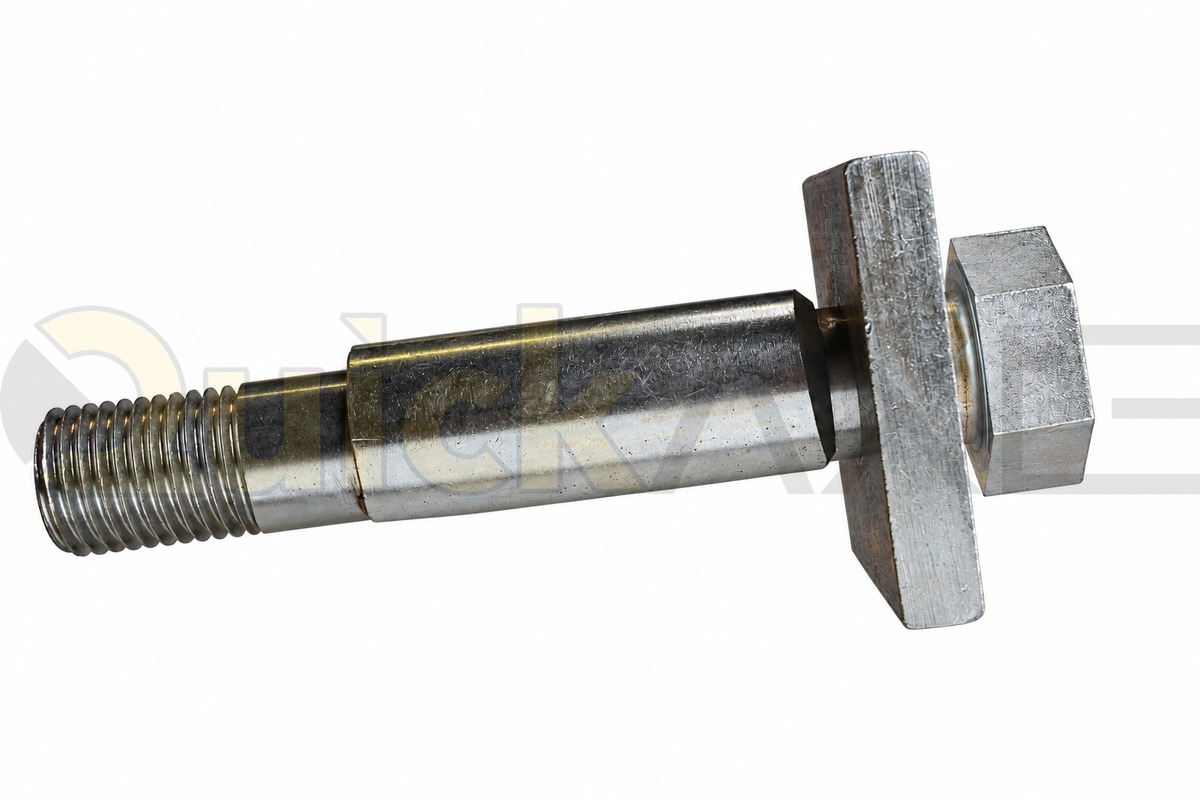 Eccentric bolt assembly viewed at an angle, showing the threaded end and square clamping plate.