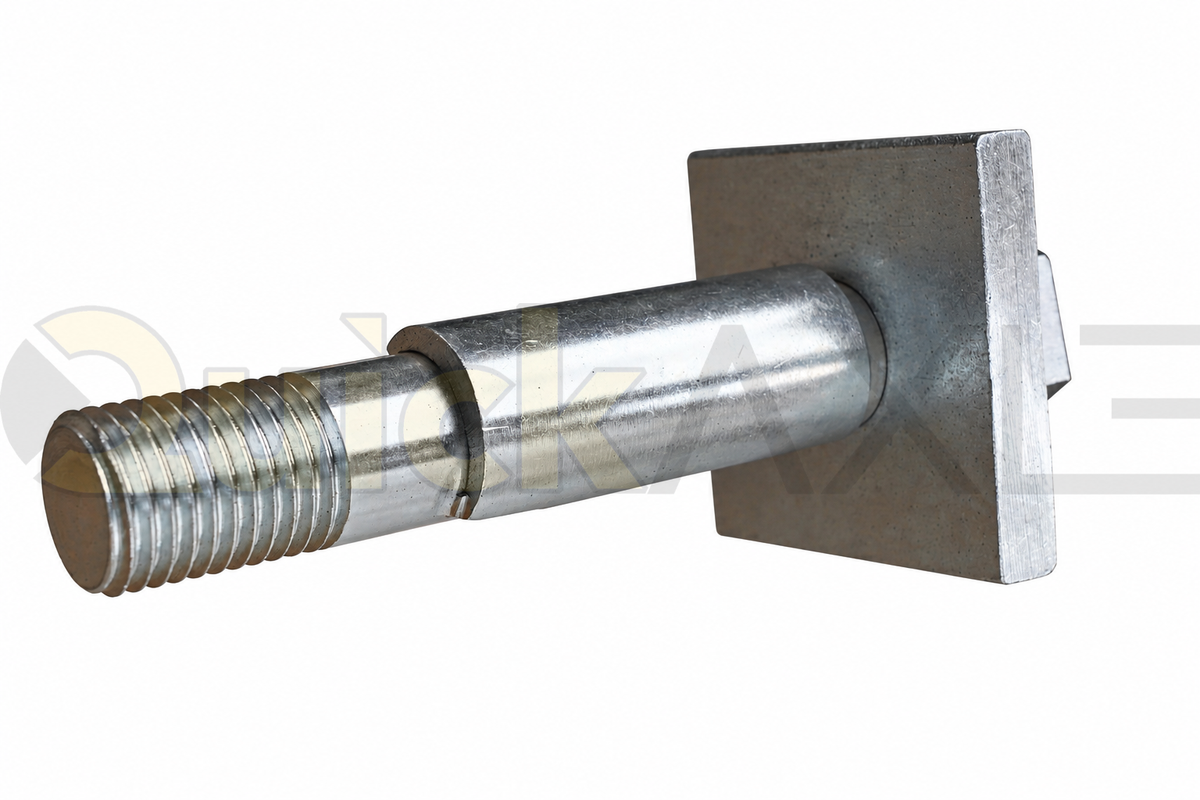 Eccentric bolt assembly viewed at an angle, showing the threaded end and square clamping plate.