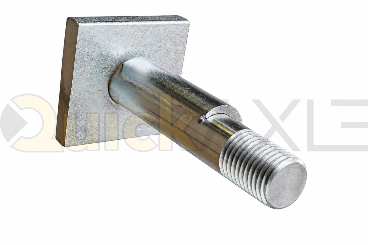 Eccentric bolt assembly viewed at an angle, showing the threaded end and square clamping plate.