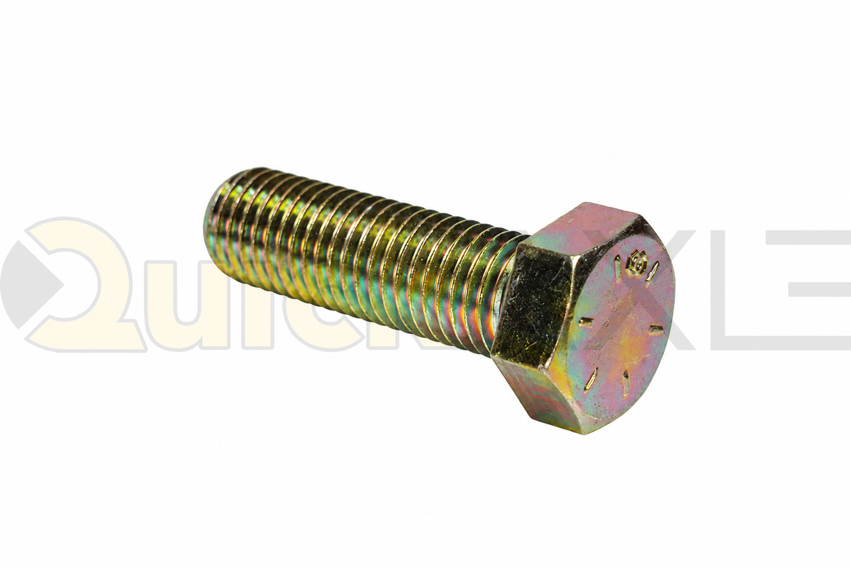 Hex-head bolts with threaded ends arranged on a white background.