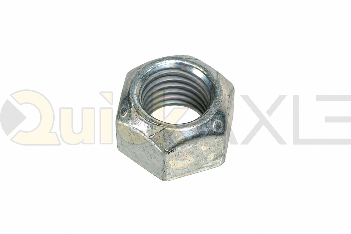 Hex nuts arranged to show their threaded openings.
