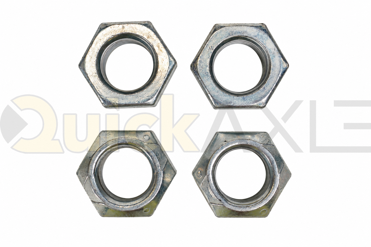 Hex nuts arranged to show their threaded openings.