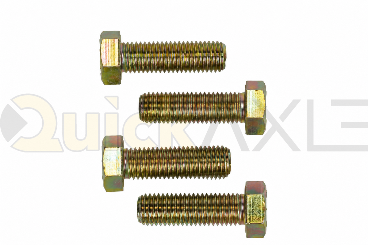 Hex-head bolts with threaded ends arranged on a white background.