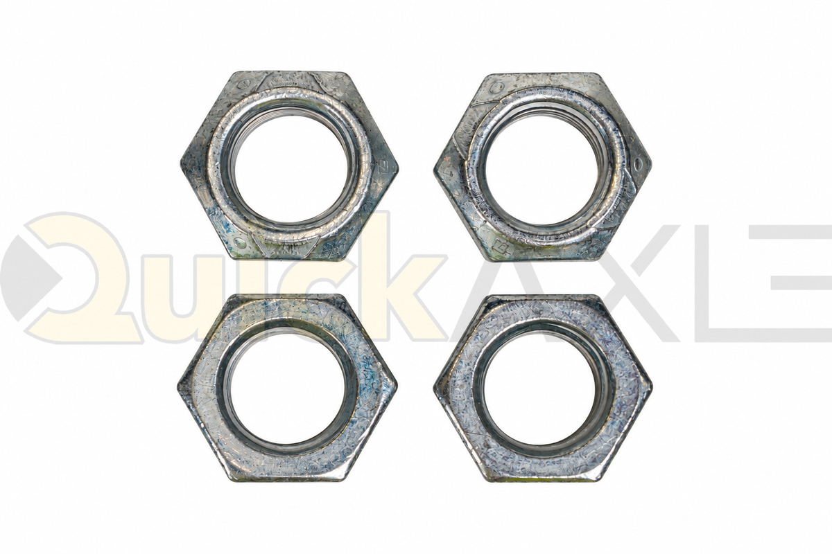 Hex nuts arranged to show their threaded openings.