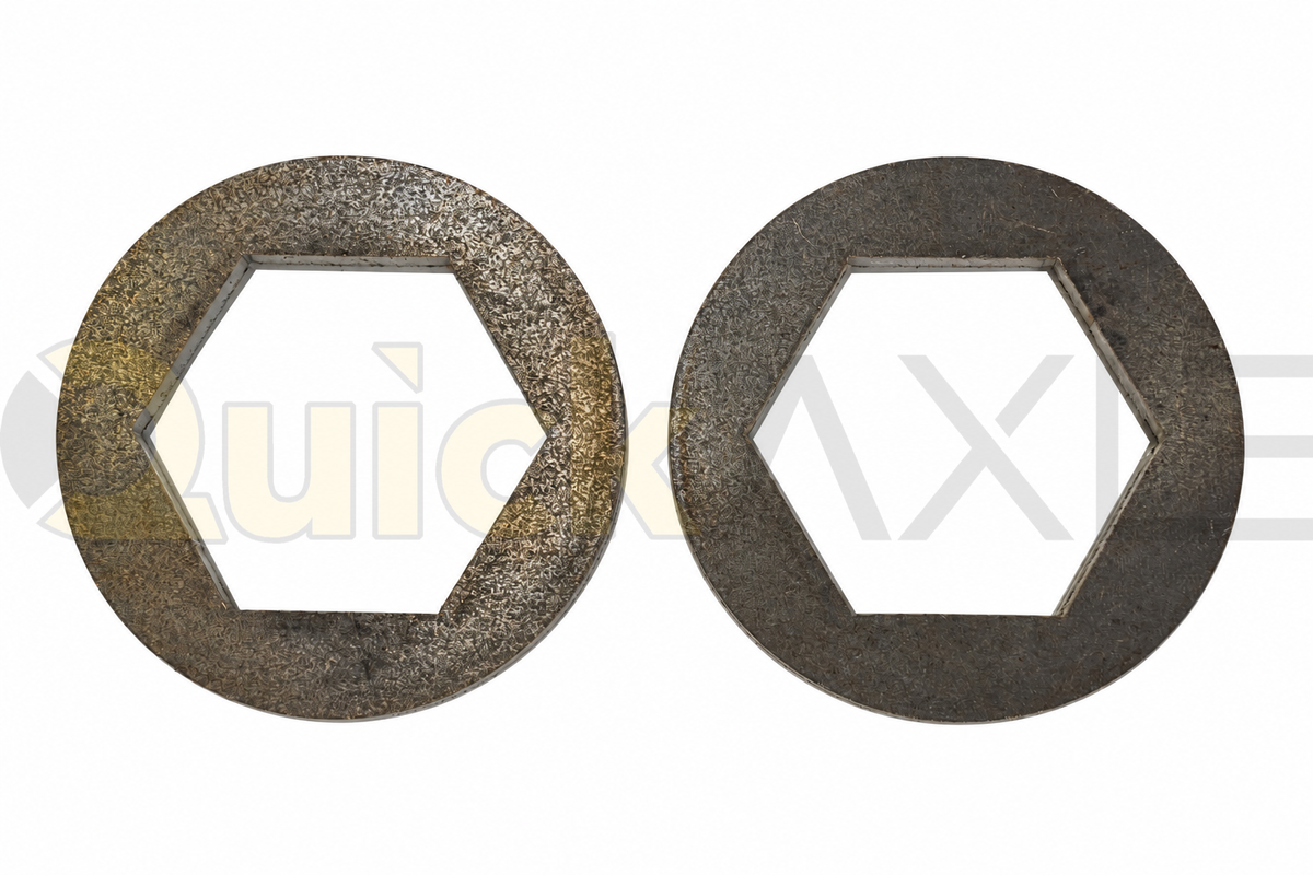 Flat circular washer with a hexagonal central opening.