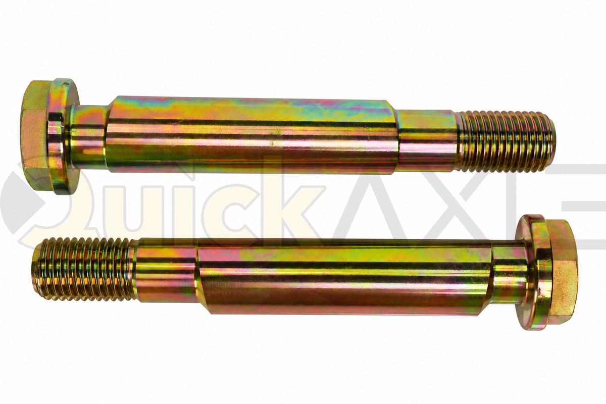 Hex-head bolts with threaded ends arranged on a white background.