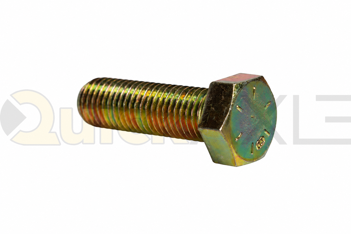 Hex-head bolts with threaded ends arranged on a white background.