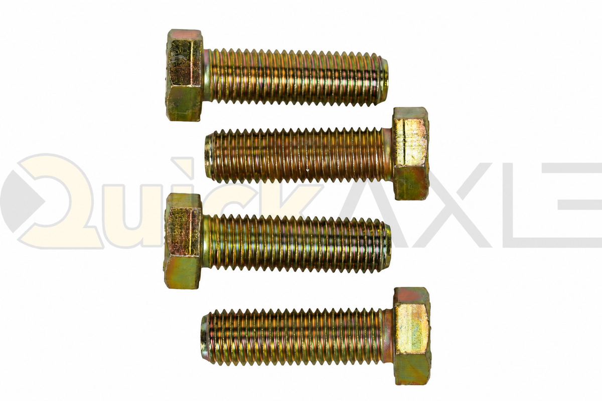 Hex-head bolts with threaded ends arranged on a white background.