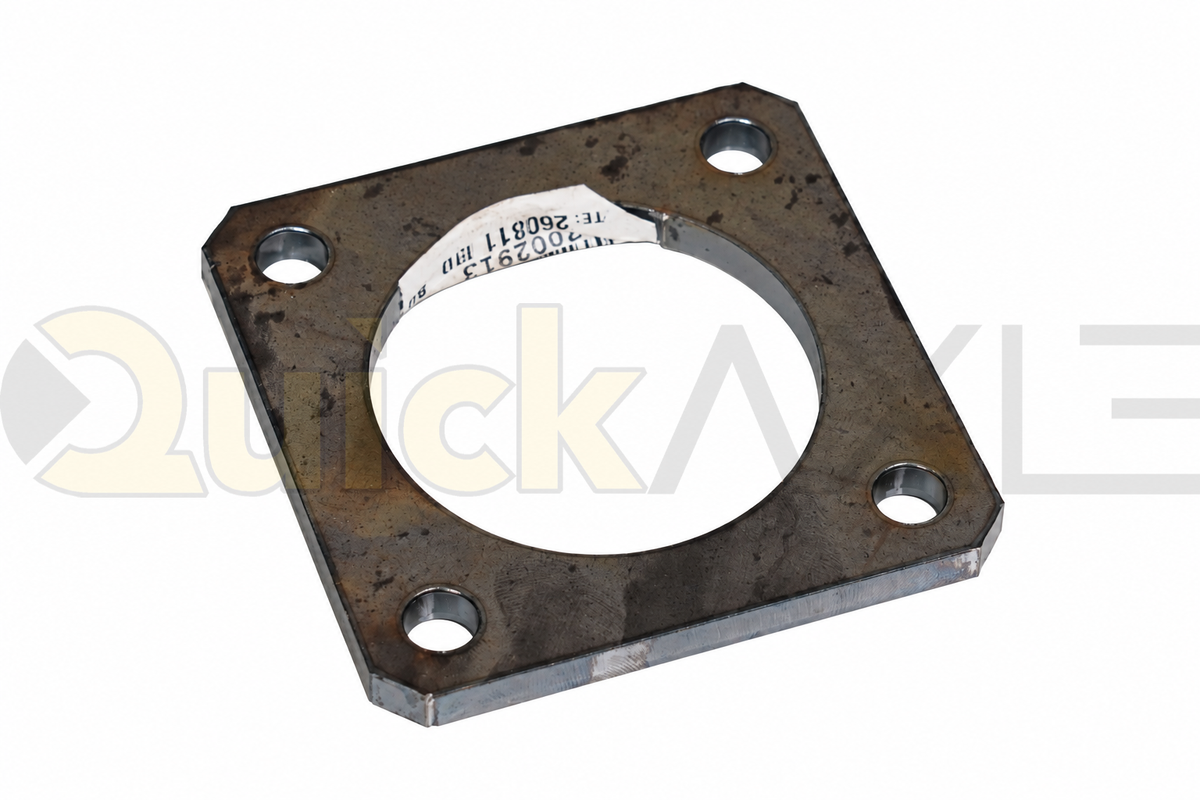Square mounting flange with a large central opening and corner bolt holes.