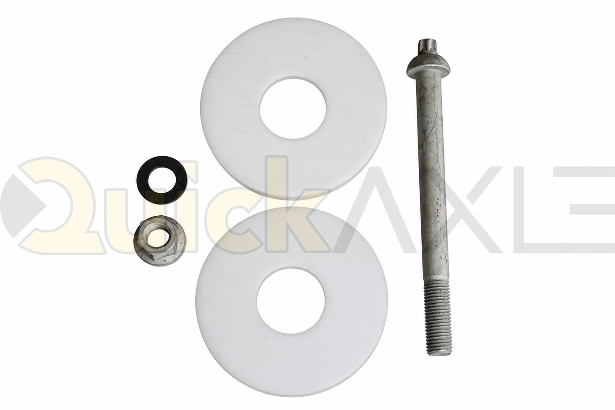 Suspension pivot bolt arranged beside wear washers, a flat washer, and nut.