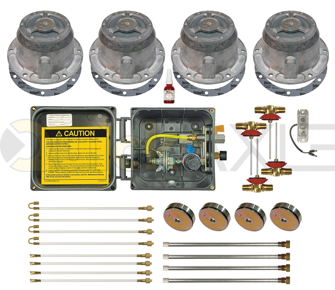 Tire Inflation Systems - Trailer Kits W/ Axle, Tandem Axle, 100 PSI Pressure, 22.5 Dual Wheels, P Spindle, Hard Grease/S-F Grease Lube